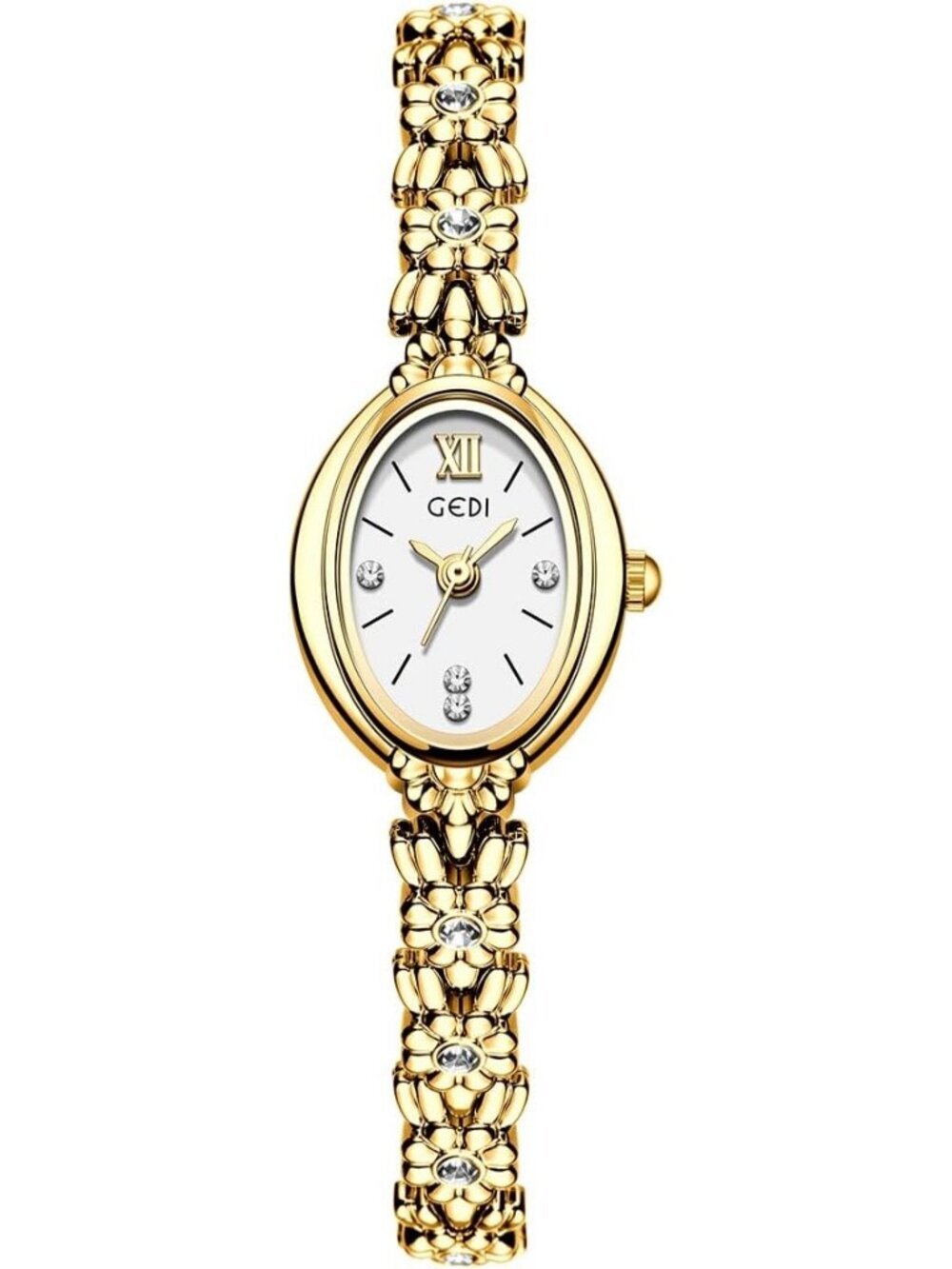 Women Gold And White Analog Quartz Alloy Steel Oval Roman Numeral Bracelet Watch